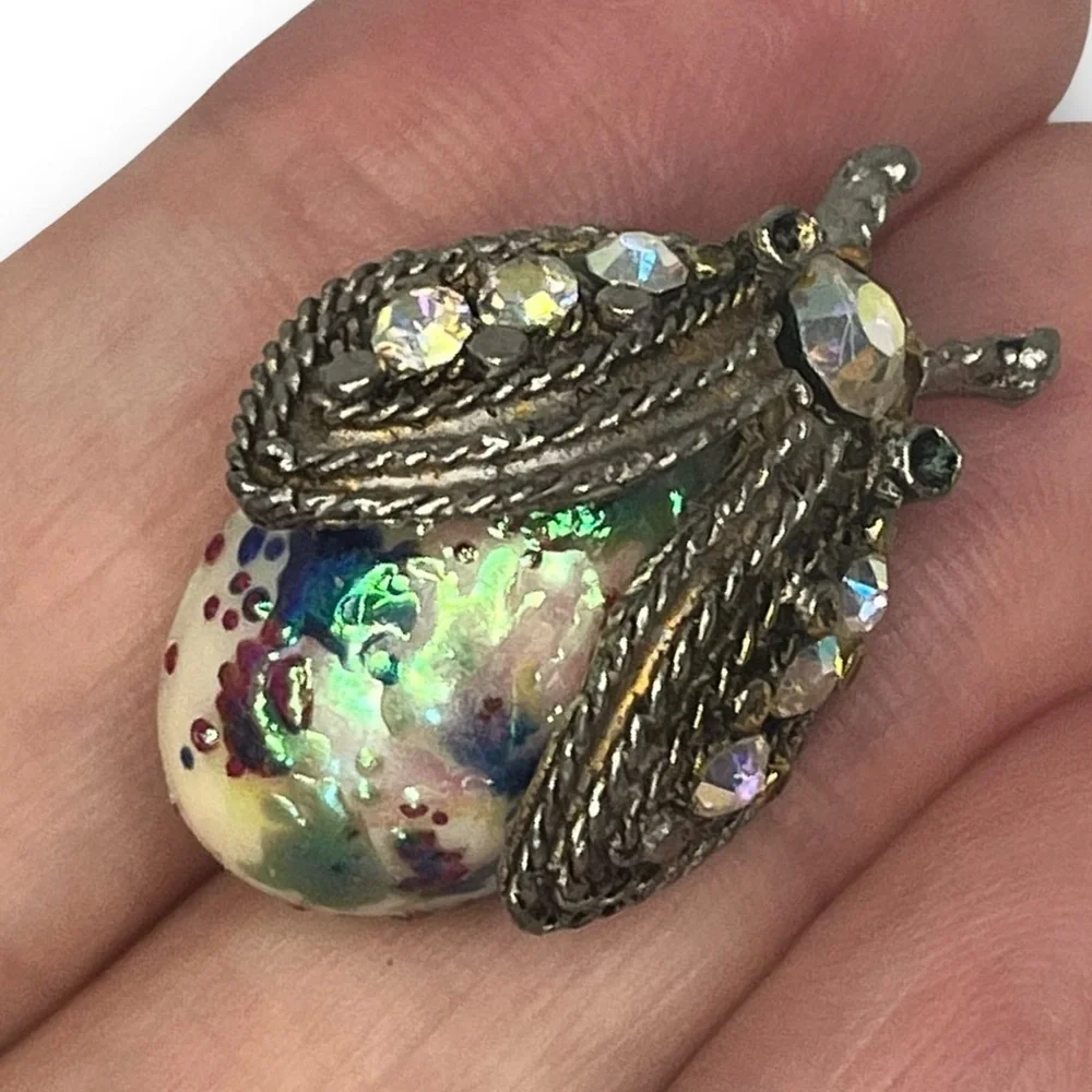 Antique Iridescent Enamel Crystal Accents Insect Brooch